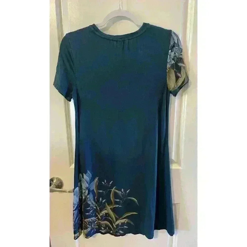 Desigual Jersey Knit Dress Womens Size XS Stretch Blue Floral Short sleeve - Picture 2 of 6